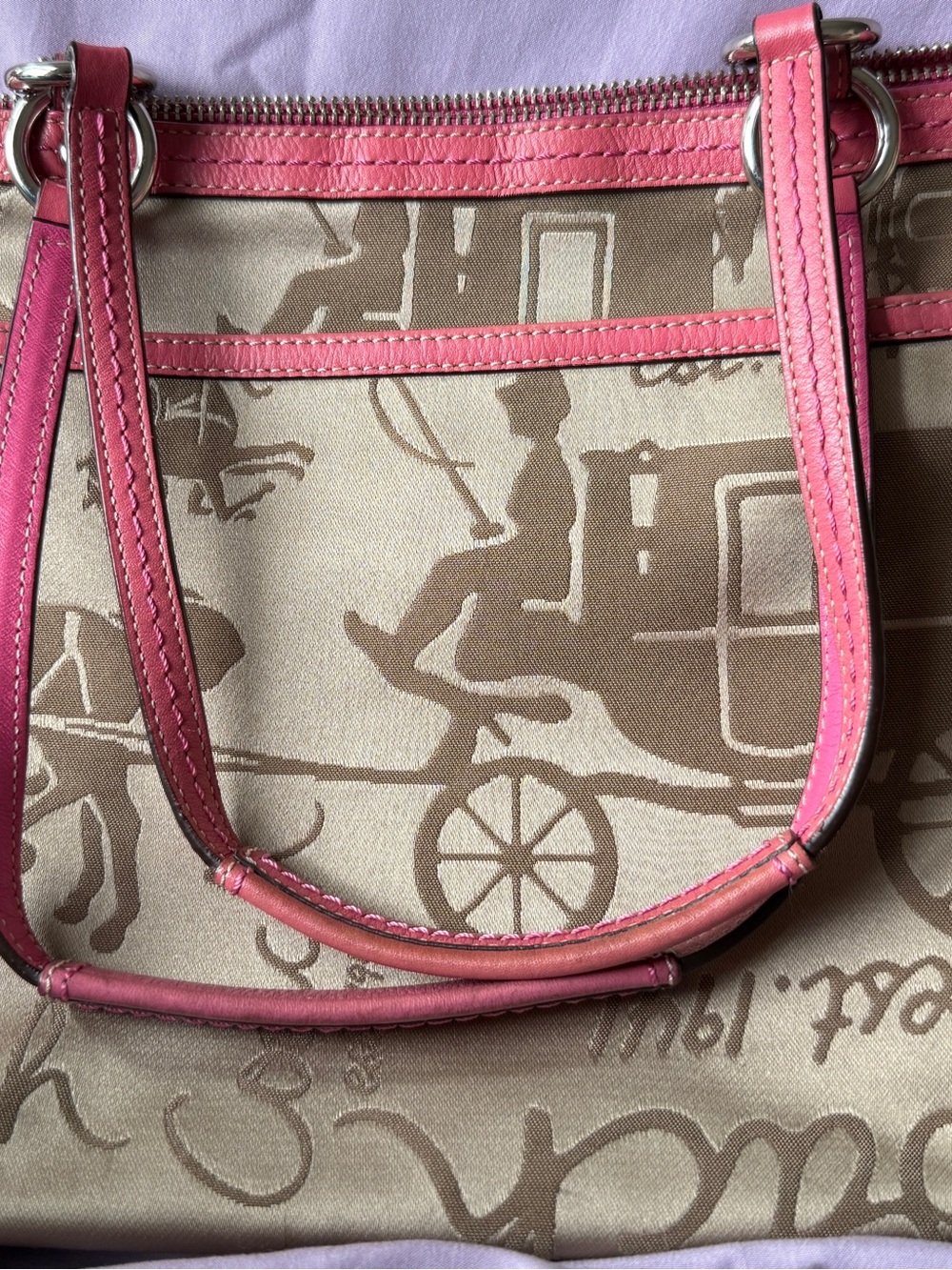 Coach Horse Carriage Pink Trim Pleated Signature Sateen Leather Shoulder Tote - Picture 13 of 13